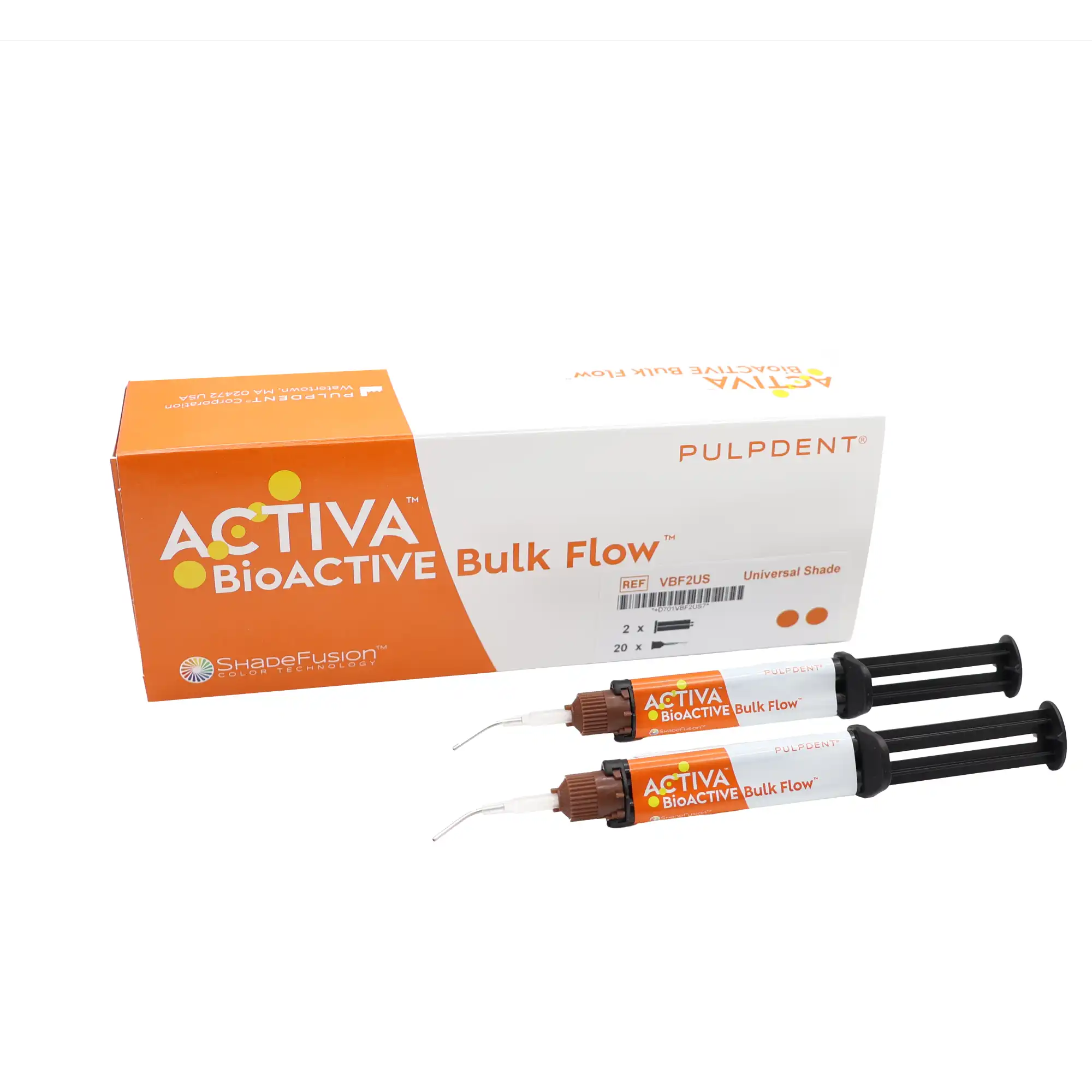 ACTIVA™ BioACTIVE Bulk Flow™ Twin Pack Kit: 10g (2×5g/3mL syringes) + 20 Automix tips, Universal shade (ShadeFusion™)